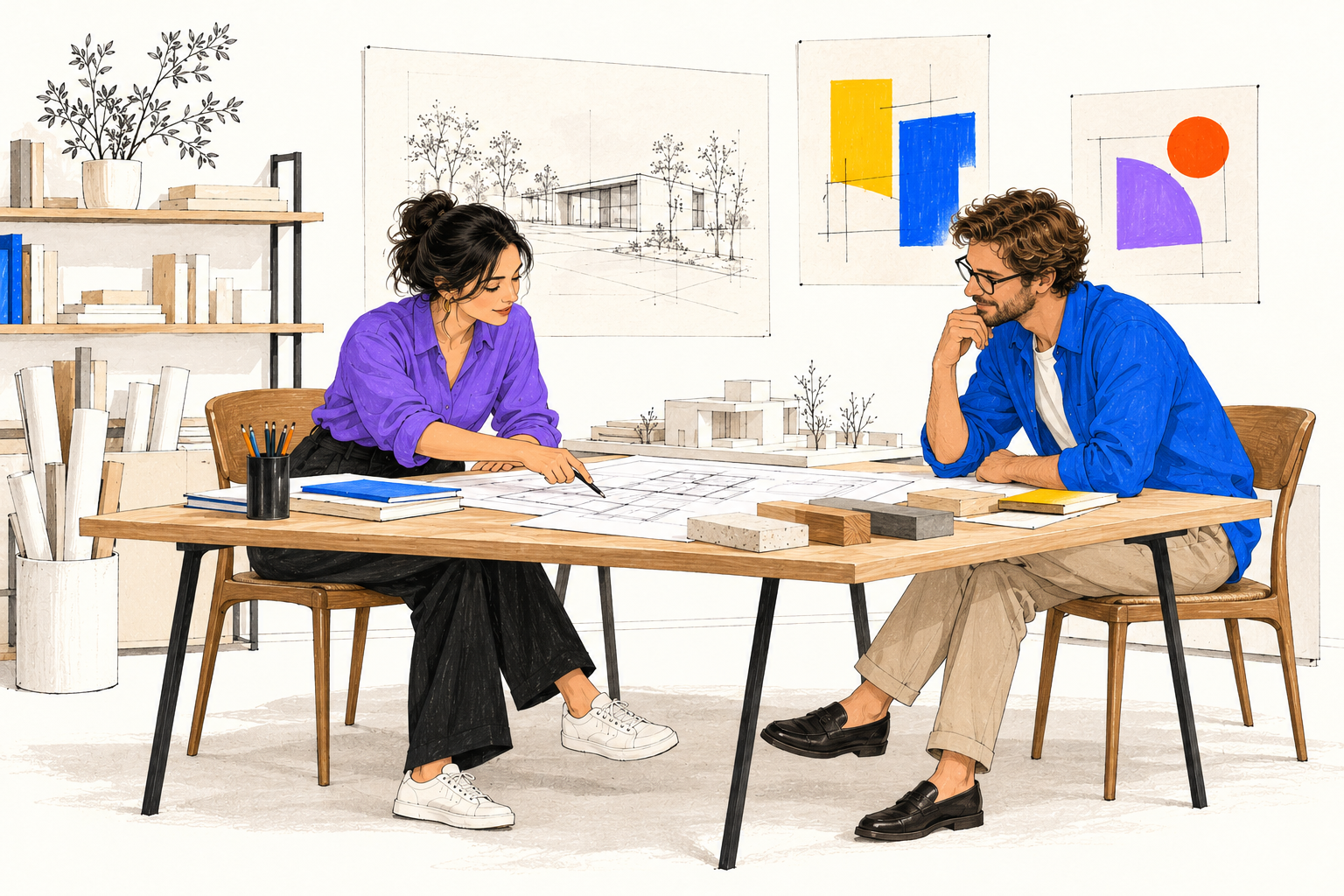 An architect and client reviewing drawings and material samples together