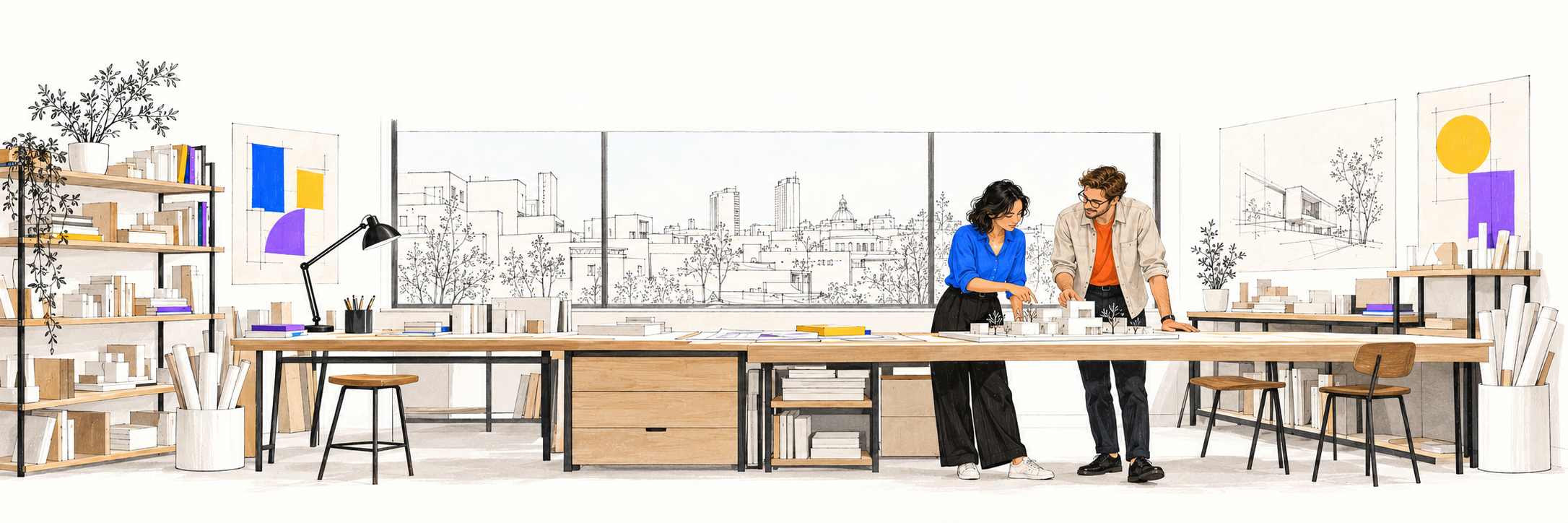 Two architects reviewing a model in a bright studio, with drawings, books and a city view