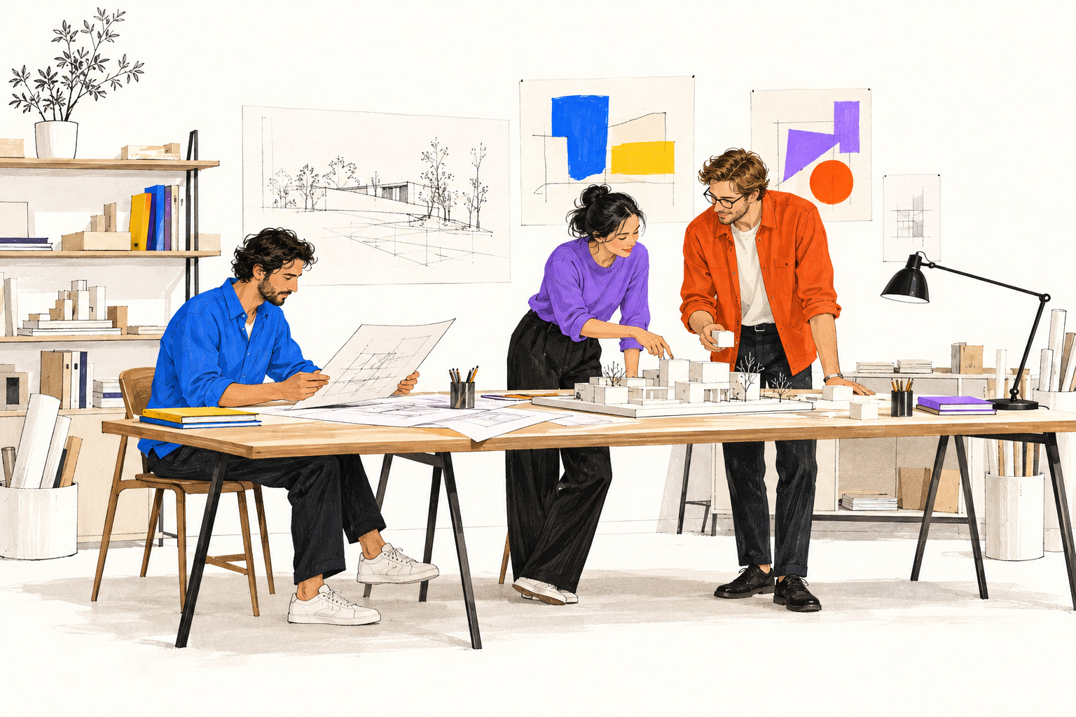 An illustrated architecture studio with drawings, models and a shared workspace